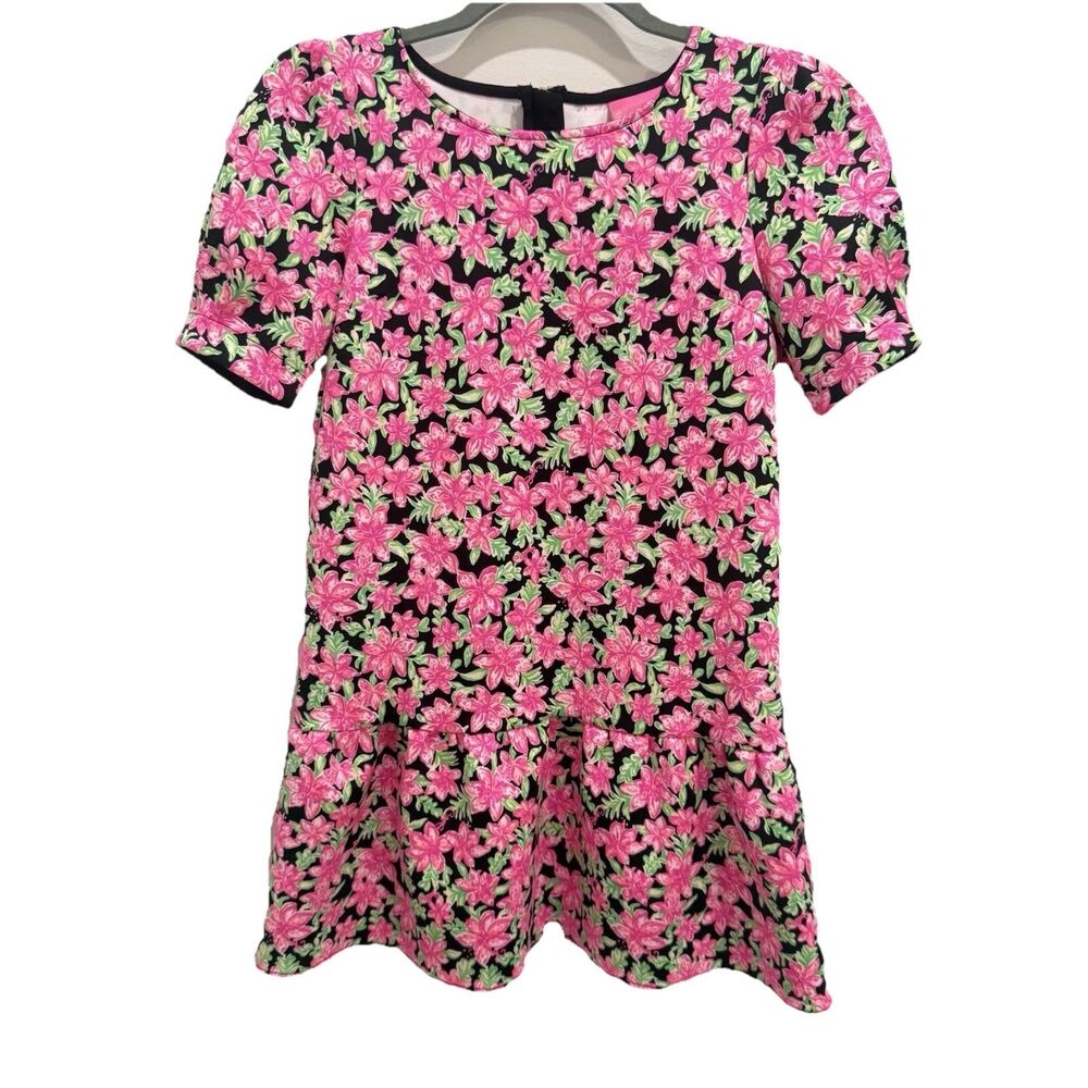 Lilly Pulitzer Chrishell Dress Girls Large 8 10 Onyx Black Pink Floral Scuba - Picture 3 of 11